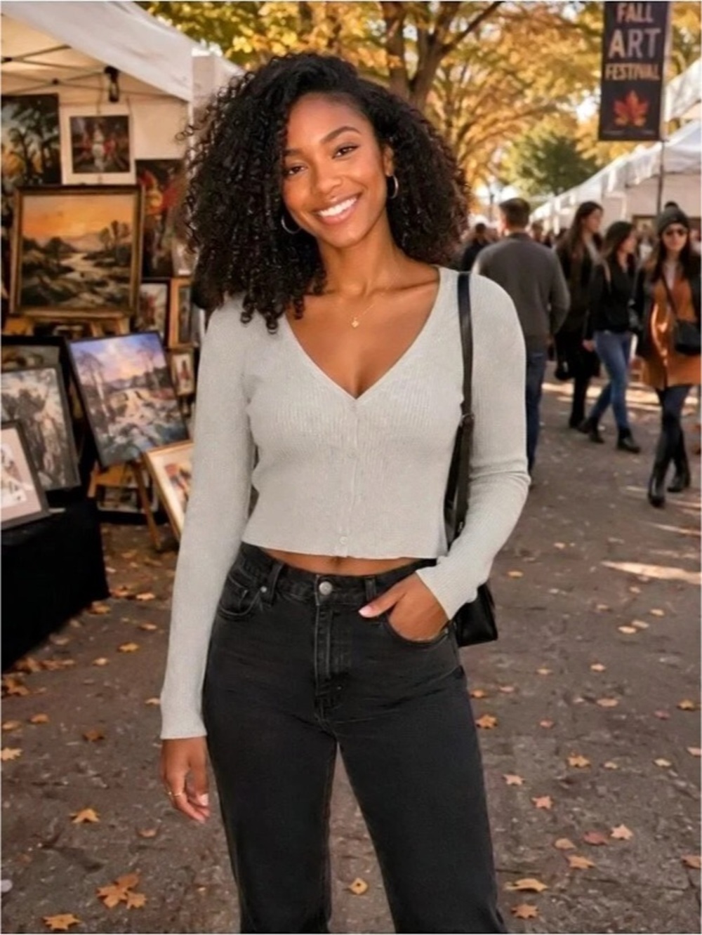 Brandy Melville Ribbed V-Neck Knit Sweater in Gray
